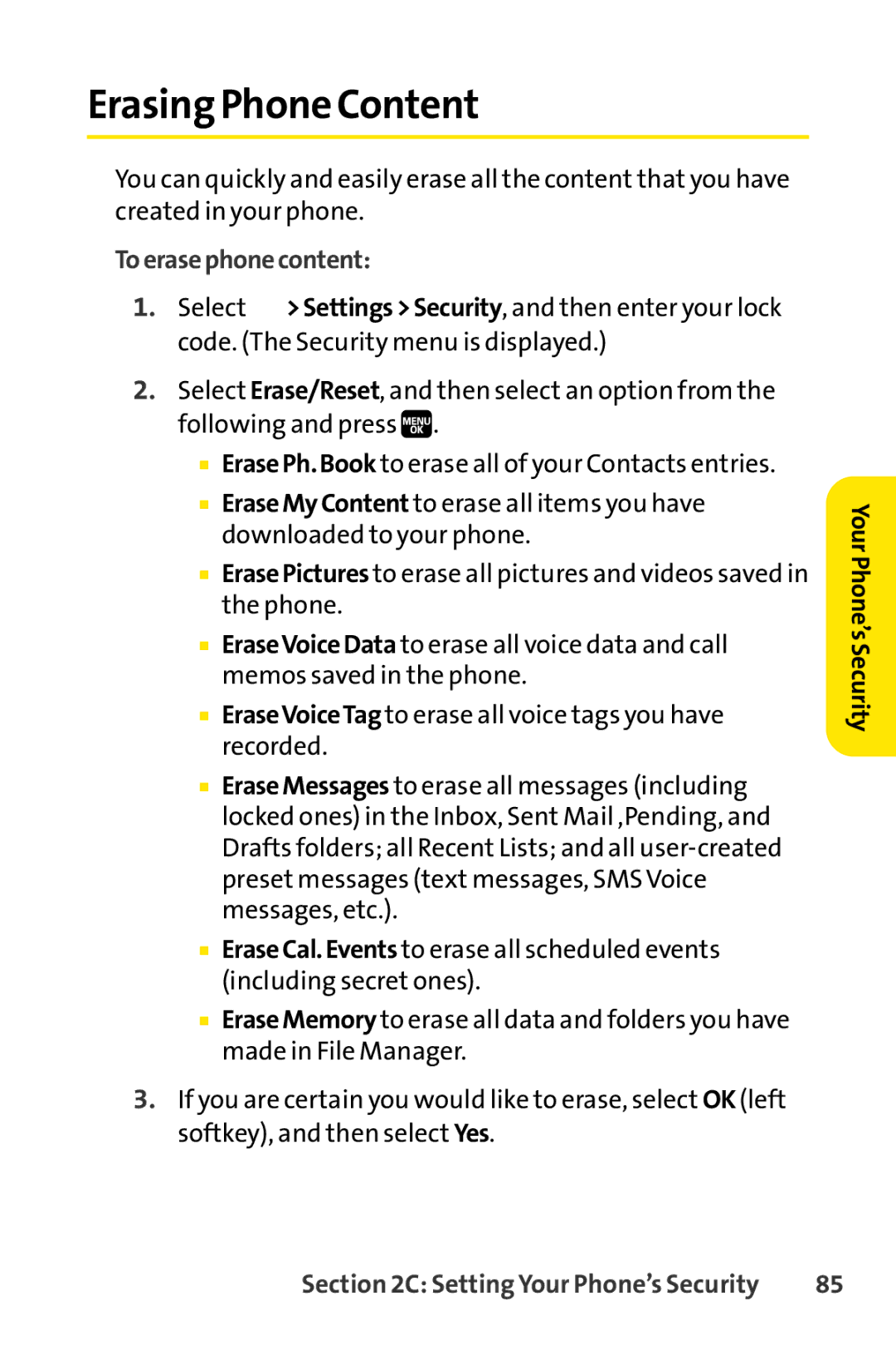 Spirit M1 manual Erasing Phone Content, Toerasephonecontent, YourPhone’sSecurity 