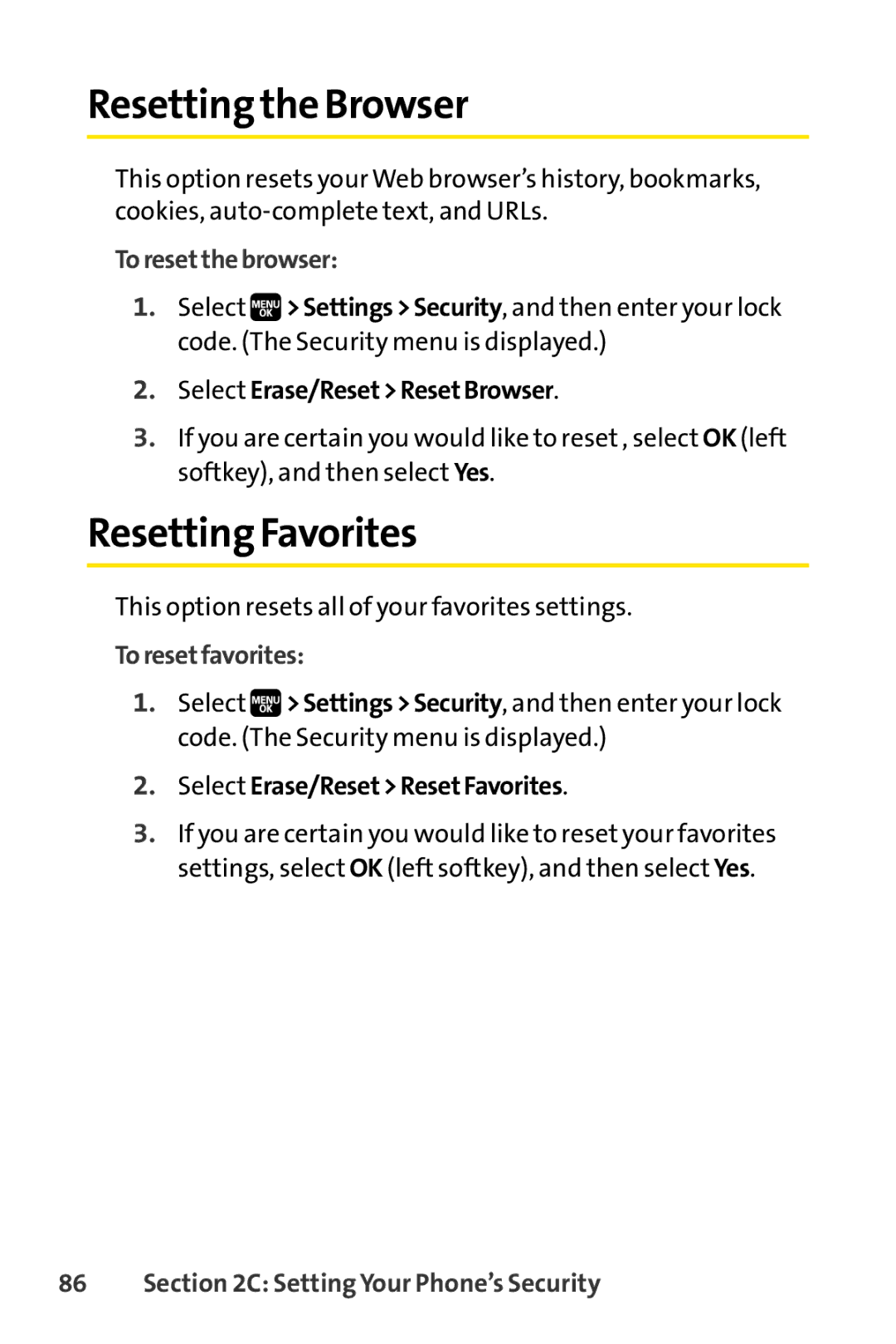 Spirit M1 manual Resetting the Browser, Resetting Favorites, Toresetthebrowser, Toresetfavorites 