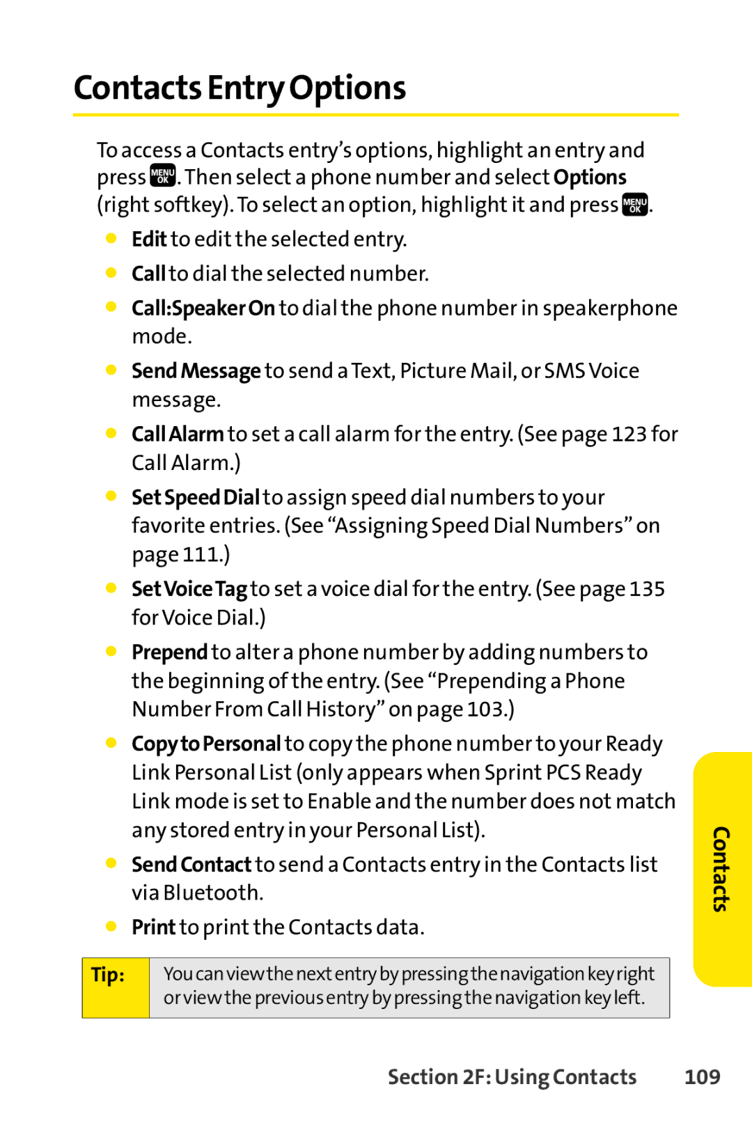 Spirit M1 manual Contacts Entry Options, 109 