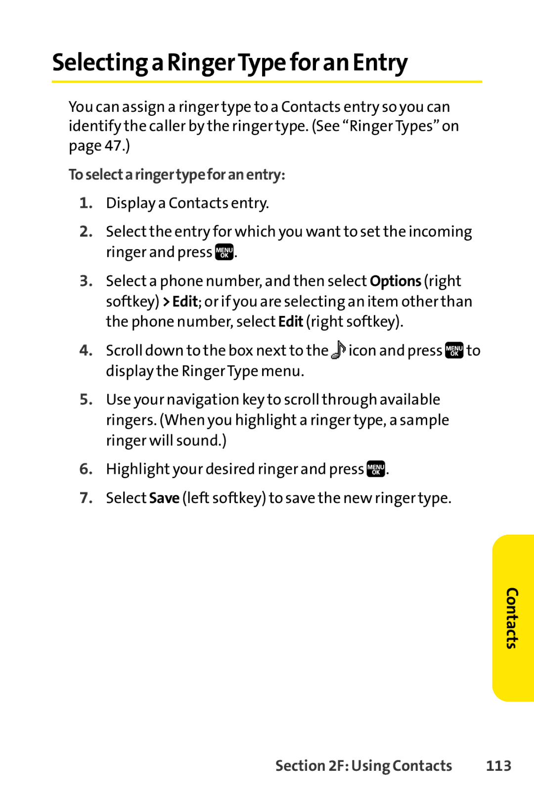 Spirit M1 manual Selecting a RingerType for an Entry, Toselectaringertypeforanentry, 113 