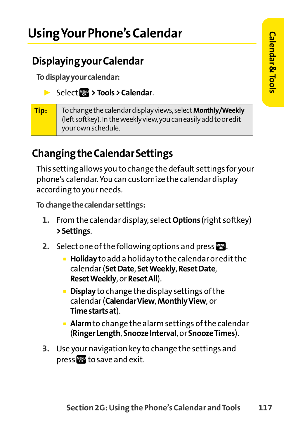 Spirit M1 manual UsingYour Phone’s Calendar, Displaying your Calendar, Changing the Calendar Settings 