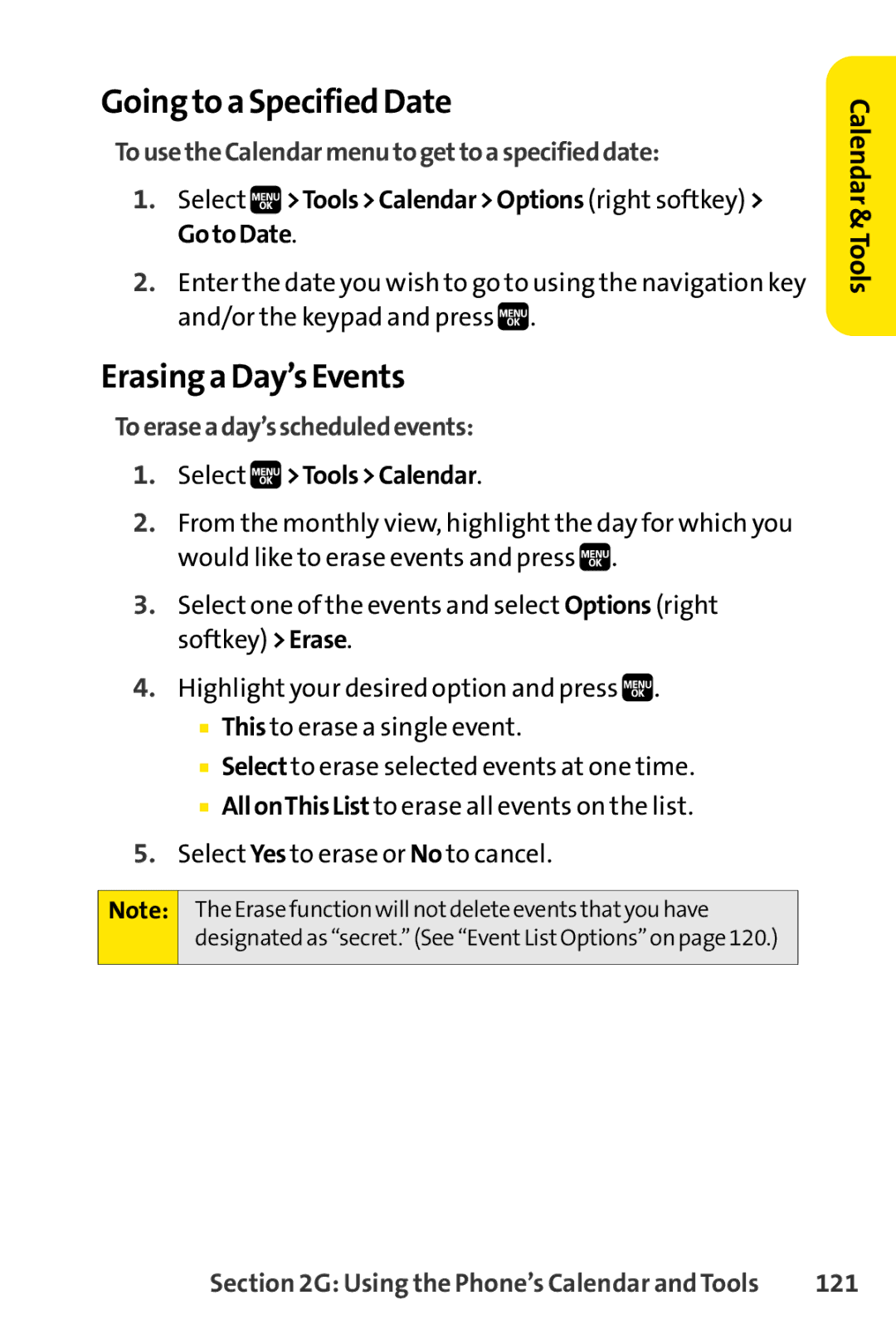 Spirit M1 manual Going to a Specified Date, Erasing a Day’s Events, TousetheCalendarmenutogettoaspecifieddate, 121 