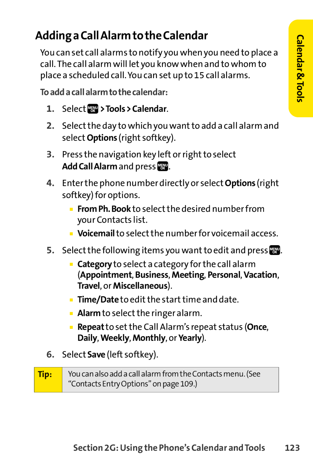 Spirit M1 manual Adding a Call Alarm to the Calendar, Toaddacallalarmtothecalendar, 123 