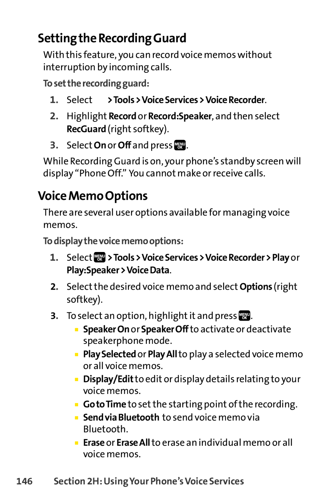 Spirit M1 Setting the Recording Guard, Voice Memo Options, Tosettherecordingguard, Select ToolsVoiceServicesVoiceRecorder 