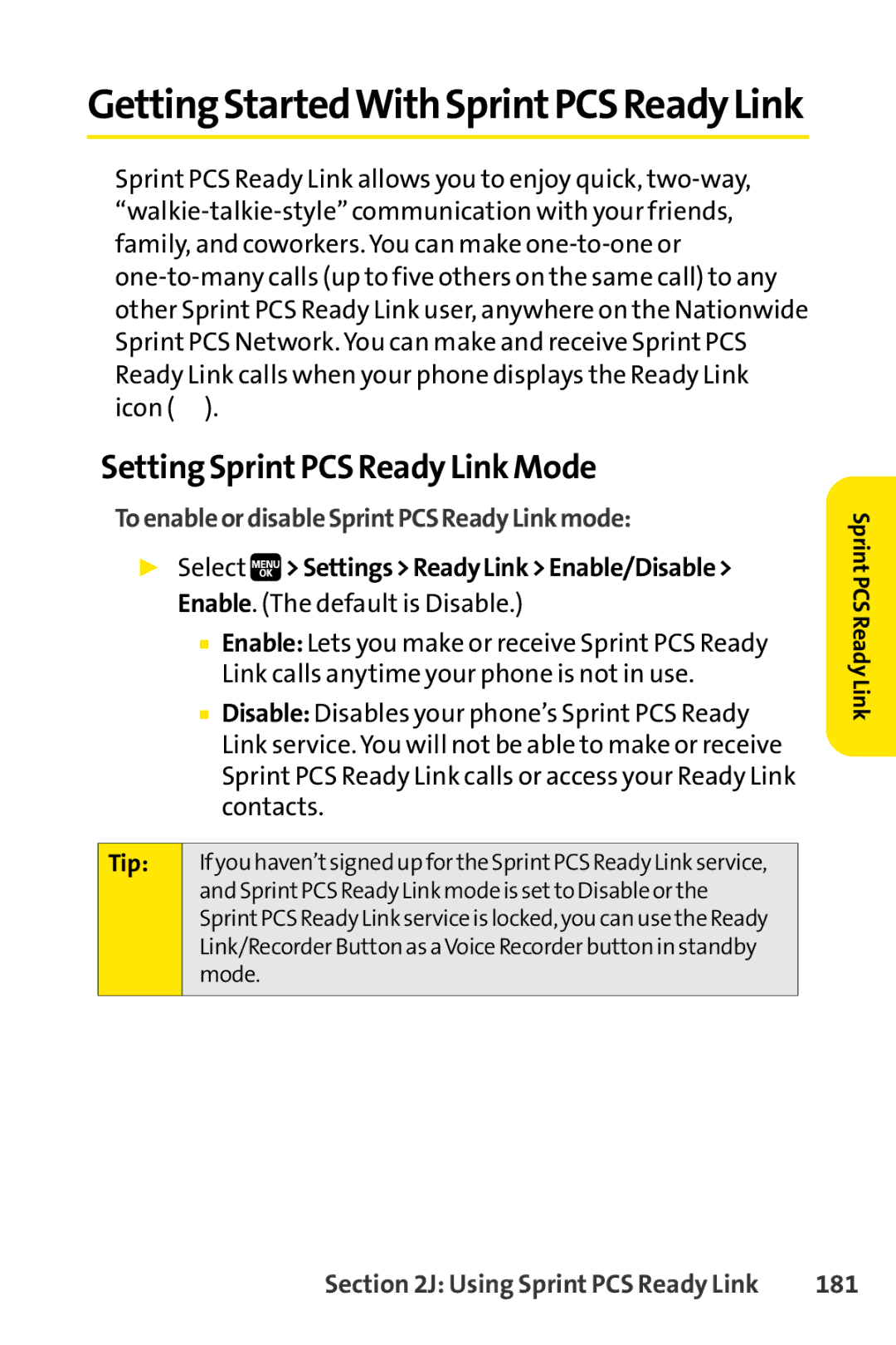 Spirit M1 manual Setting SprintPCS Ready Link Mode, ToenableordisableSprintPCSReadyLinkmode, 181 