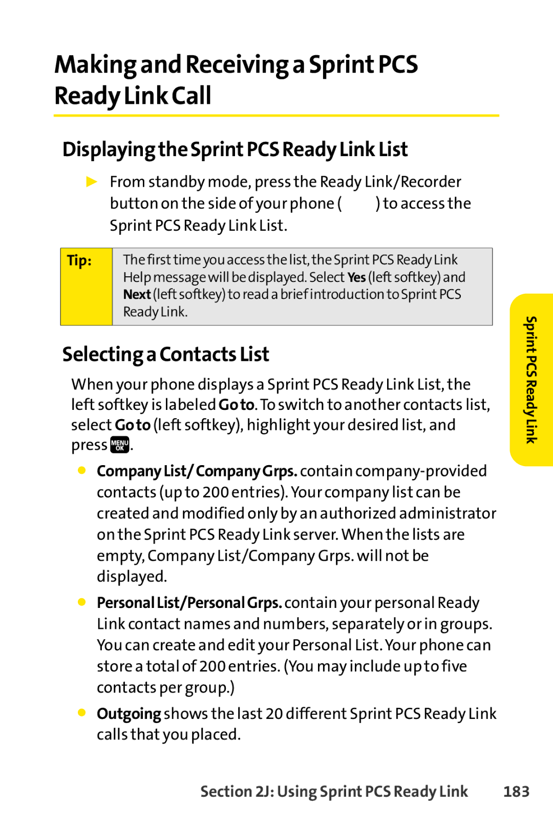 Spirit M1 manual Making and Receiving a SprintPCS Ready Link Call, Displaying the SprintPCS Ready Link List, 183 