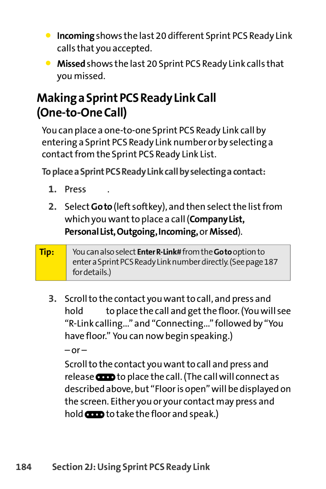 Spirit M1 manual Makinga SprintPCS Ready Link Call One-to-One Call, ToplaceaSprintPCSReadyLinkcallbyselectingacontact 