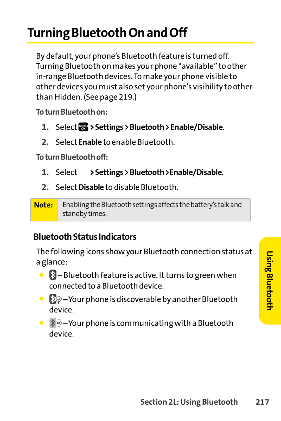 Spirit M1 Turning Bluetooth On and Off, Bluetooth Status Indicators, To turn Bluetooth on, To turn Bluetooth off, 217 