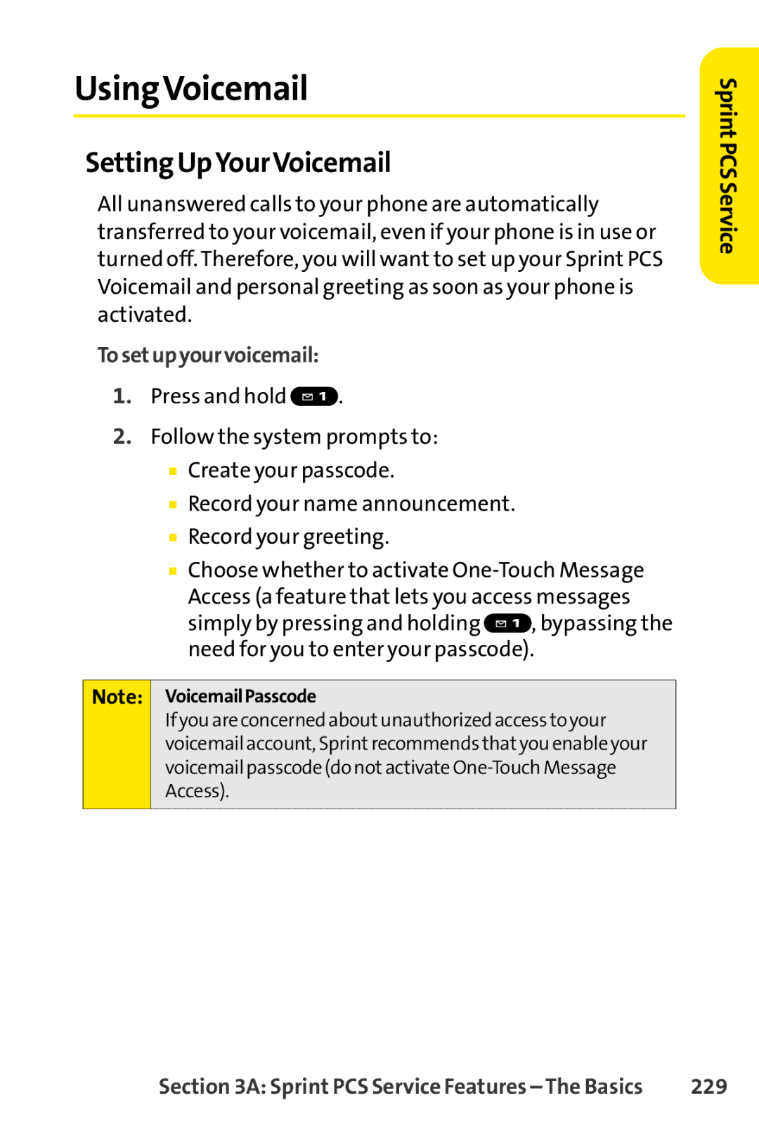 Spirit M1 manual UsingVoicemail, Setting UpYourVoicemail, 229 