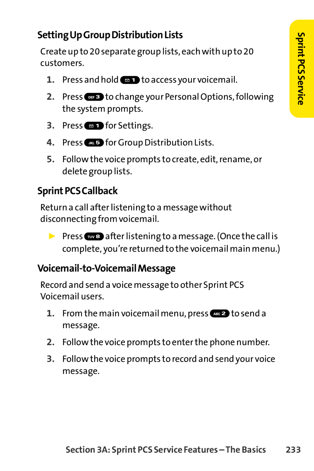 Spirit M1 manual SettingUpGroupDistributionLists, SprintPCSCallback, Voicemail-to-VoicemailMessage, 233 