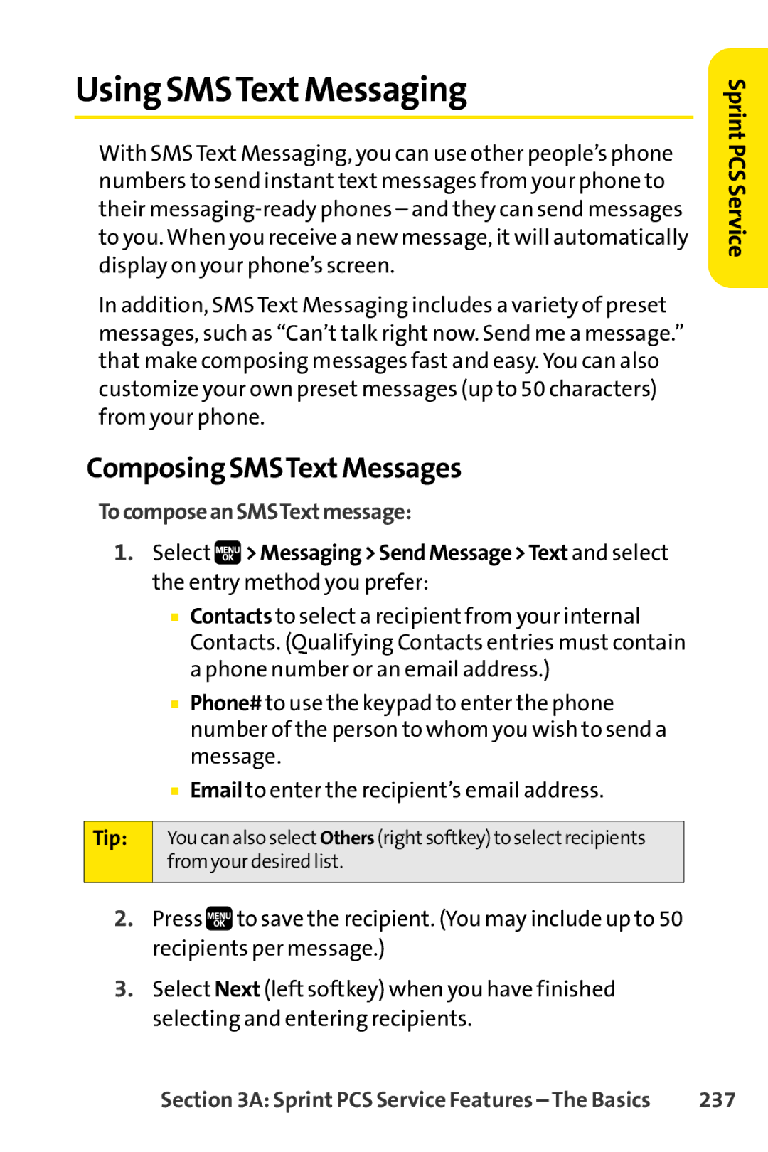 Spirit M1 manual Using SMSTextMessaging, Composing SMSTextMessages, TocomposeanSMSTextmessage, 237 