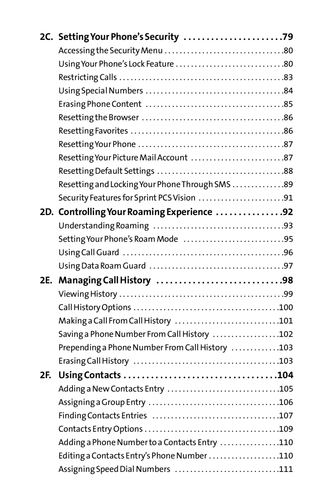 Spirit M1 manual 2D. Controlling Your Roaming Experience, 2F. Using Contacts 