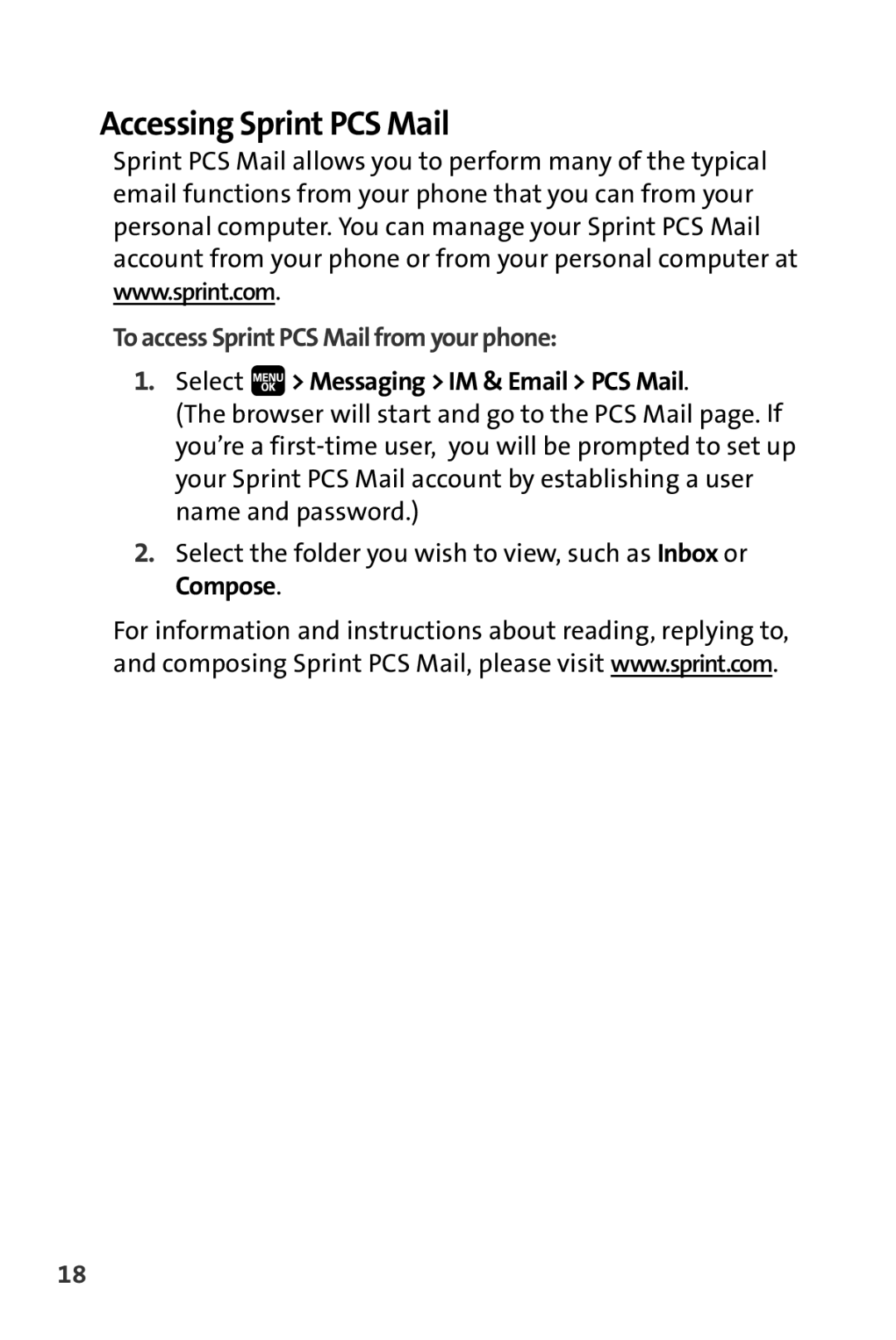 Spirit M1 manual Accessing Sprint PCS Mail, To access Sprint PCS Mail from your phone, Select Messaging IM & Email PCS Mail 