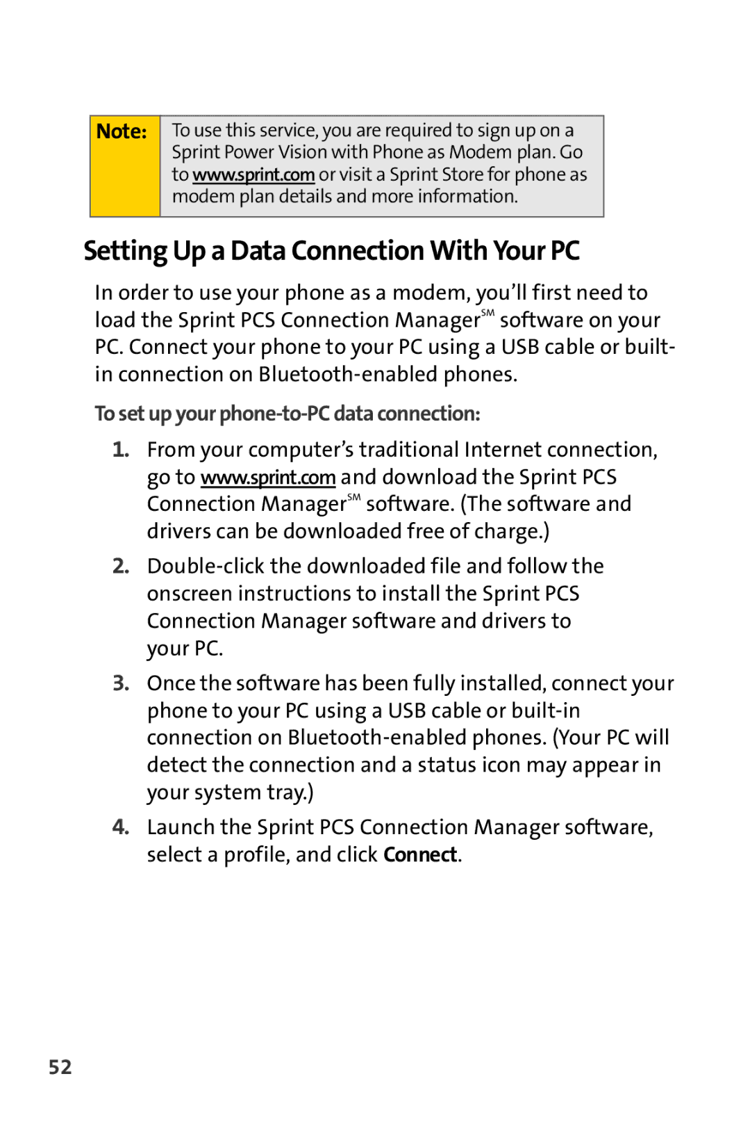 Spirit M1 manual Setting Up a Data Connection With Your PC, To set up your phone-to-PC data connection 