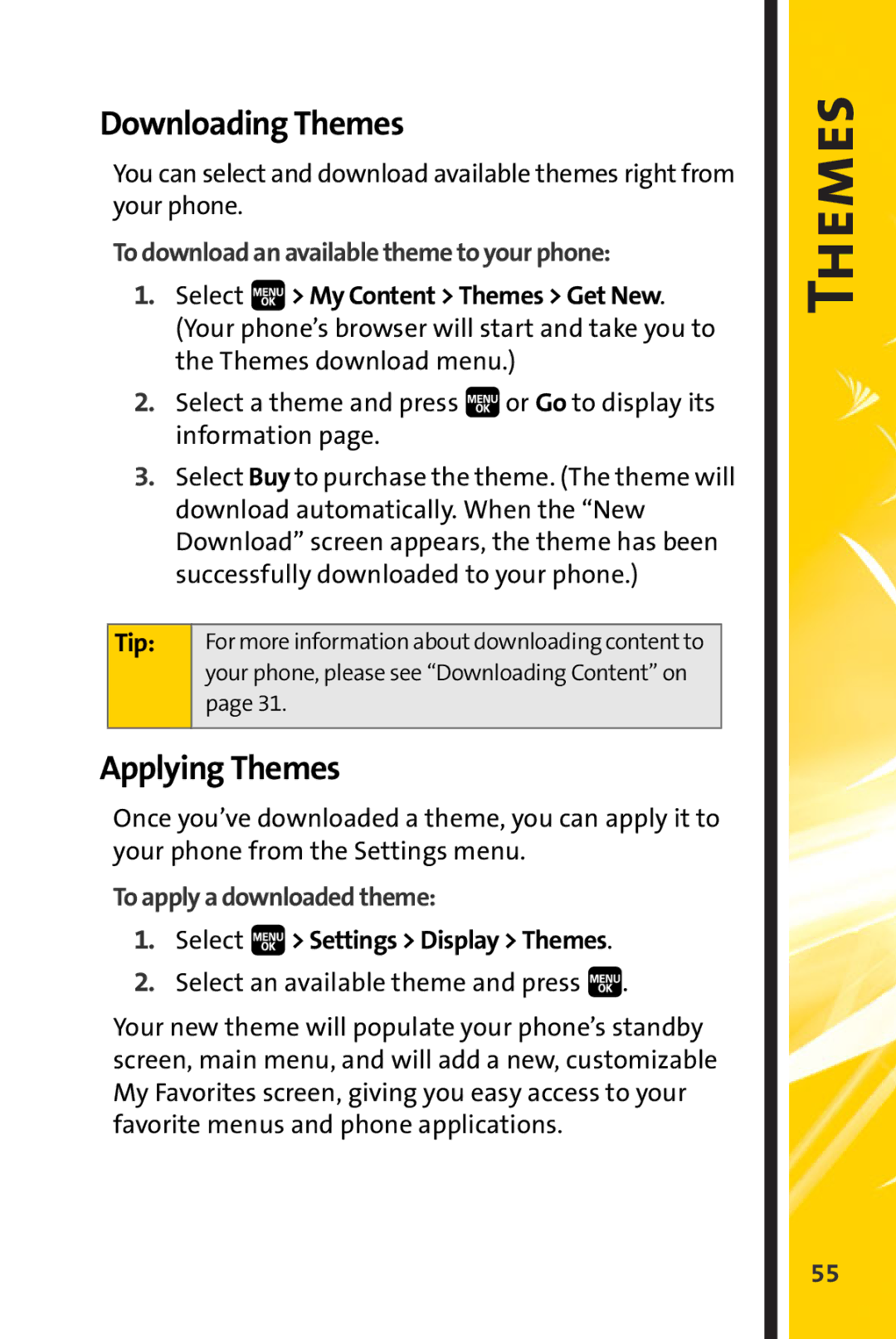 Spirit M1 Downloading Themes, Applying Themes, To download an available theme to your phone, To apply a downloaded theme 