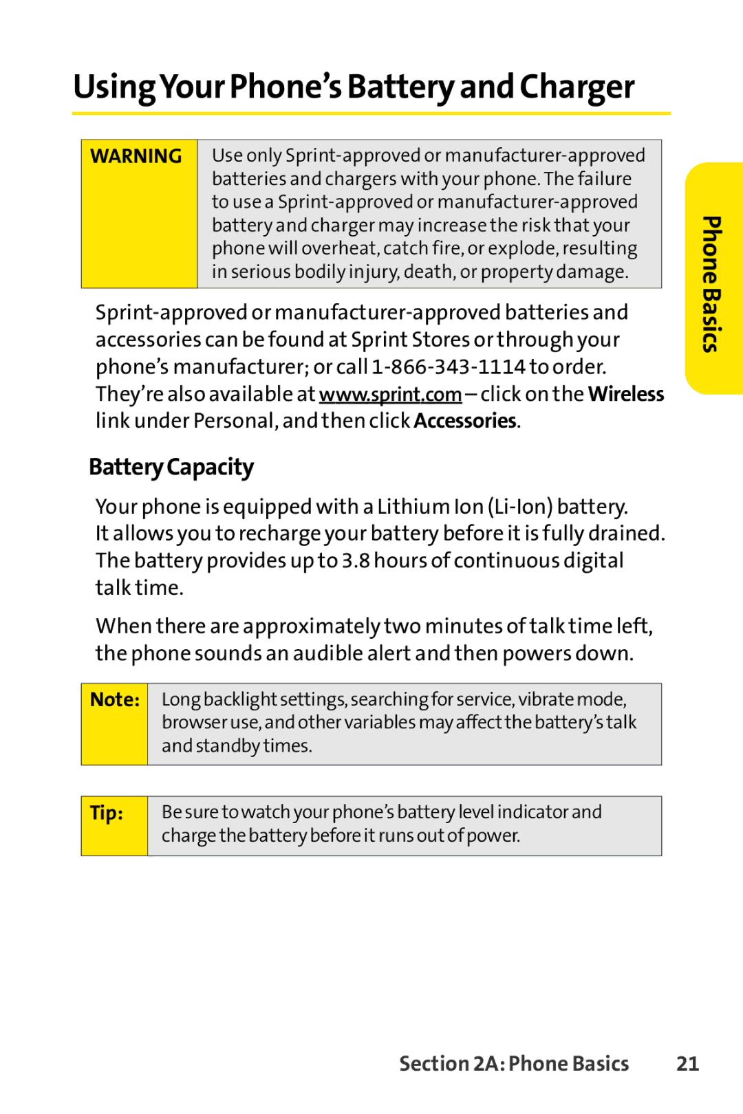 Spirit M1 manual UsingYour Phone’s Battery and Charger, Battery Capacity 