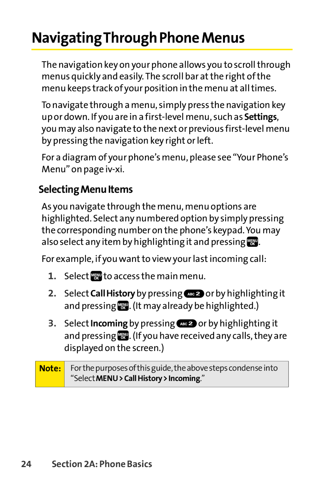 Spirit M1 manual NavigatingThrough Phone Menus, SelectingMenuItems 