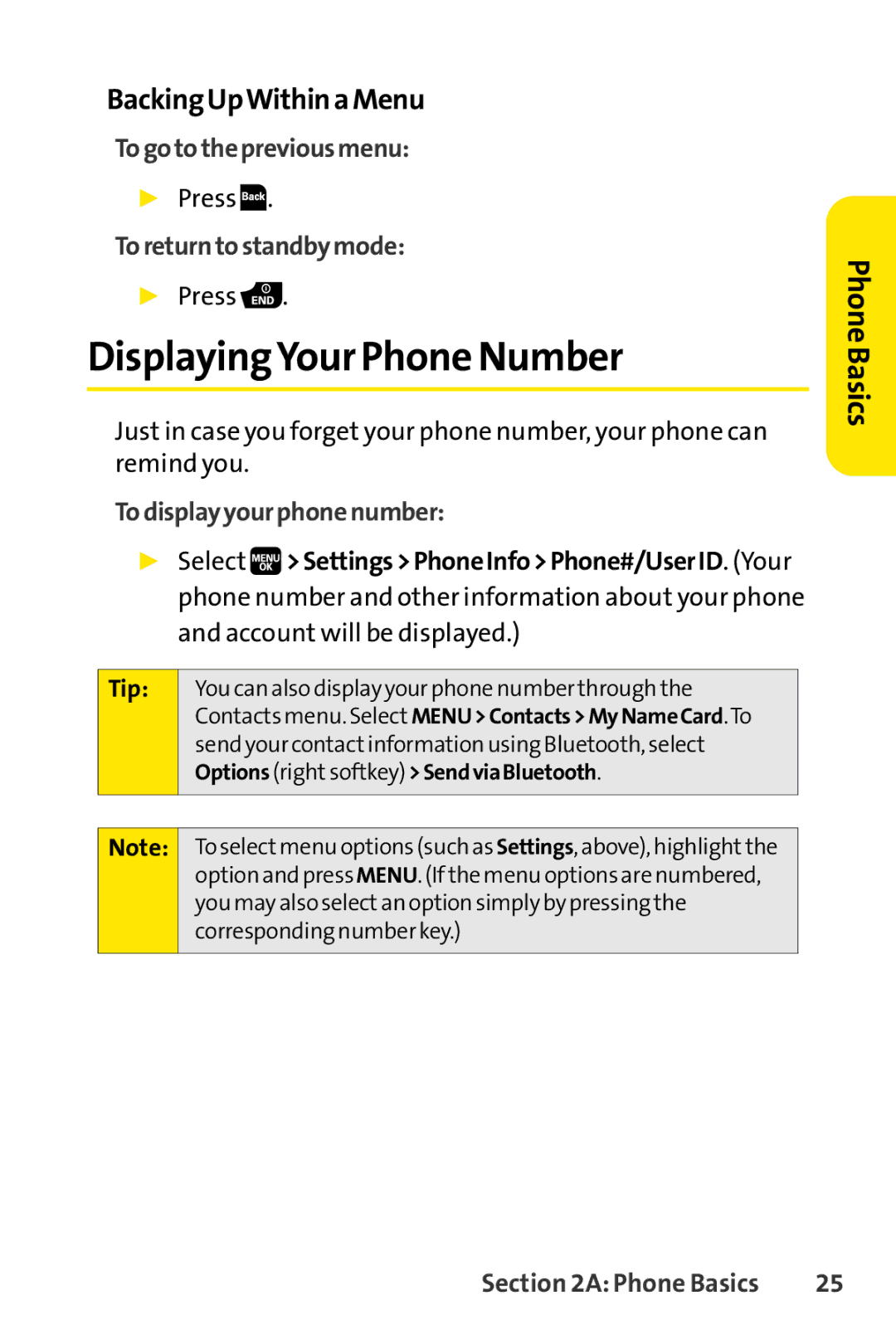 Spirit M1 manual DisplayingYour Phone Number, BackingUpWithinaMenu, Togotothepreviousmenu, Toreturntostandbymode 