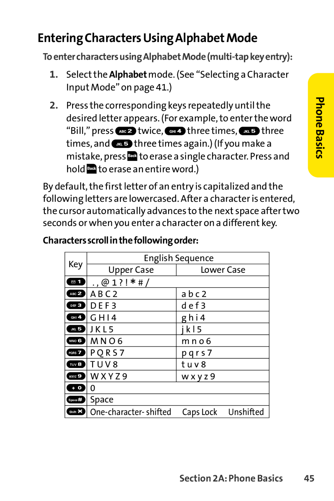 Spirit M1 manual Entering Characters Using AlphabetMode, Charactersscrollinthefollowingorder 