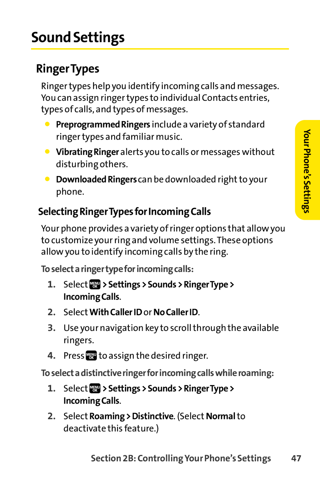 Spirit M1 manual Sound Settings, SelectingRingerTypesforIncomingCalls, Toselectaringertypeforincomingcalls 