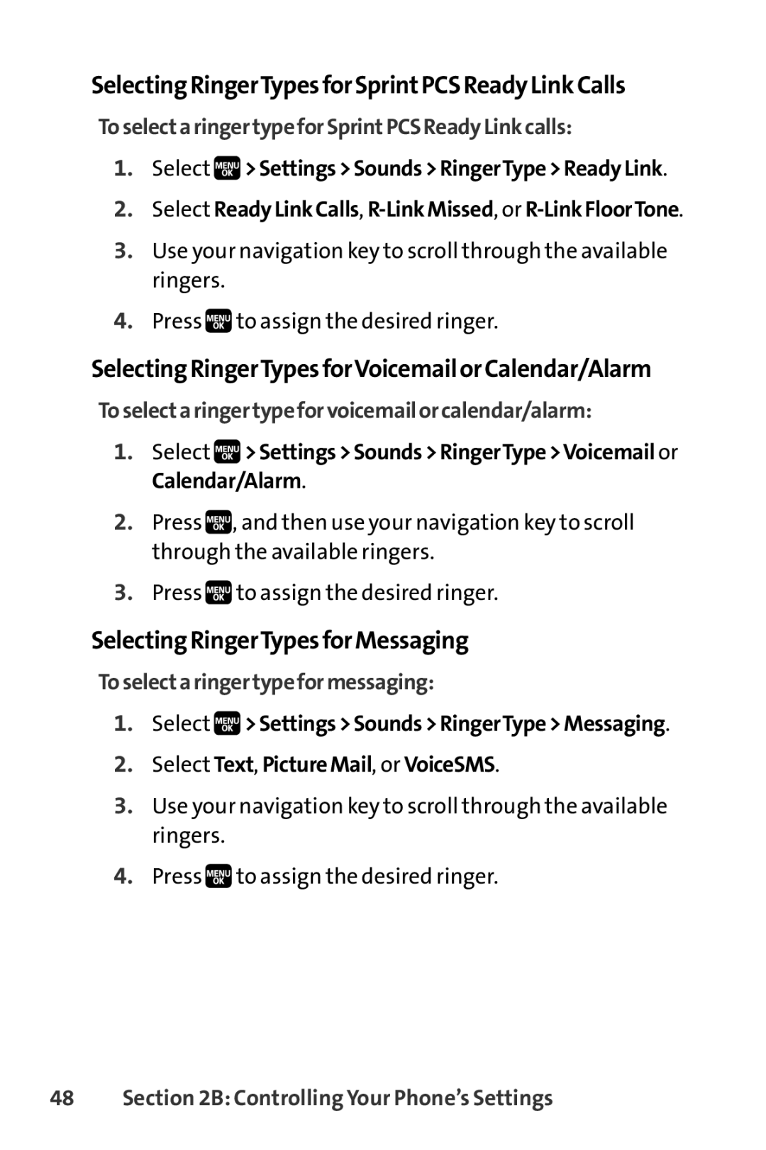 Spirit M1 manual SelectingRingerTypesforSprintPCSReadyLinkCalls, SelectingRingerTypesforVoicemailorCalendar/Alarm 