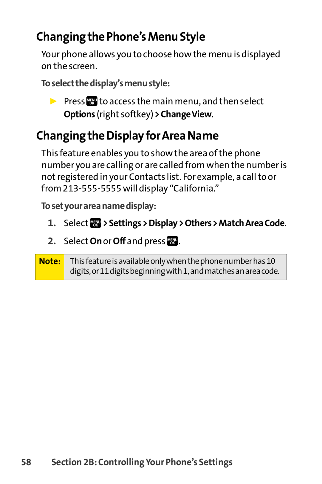 Spirit M1 manual Changing the Phone’s Menu Style, Changing the Display for Area Name, Toselectthedisplay’smenustyle 