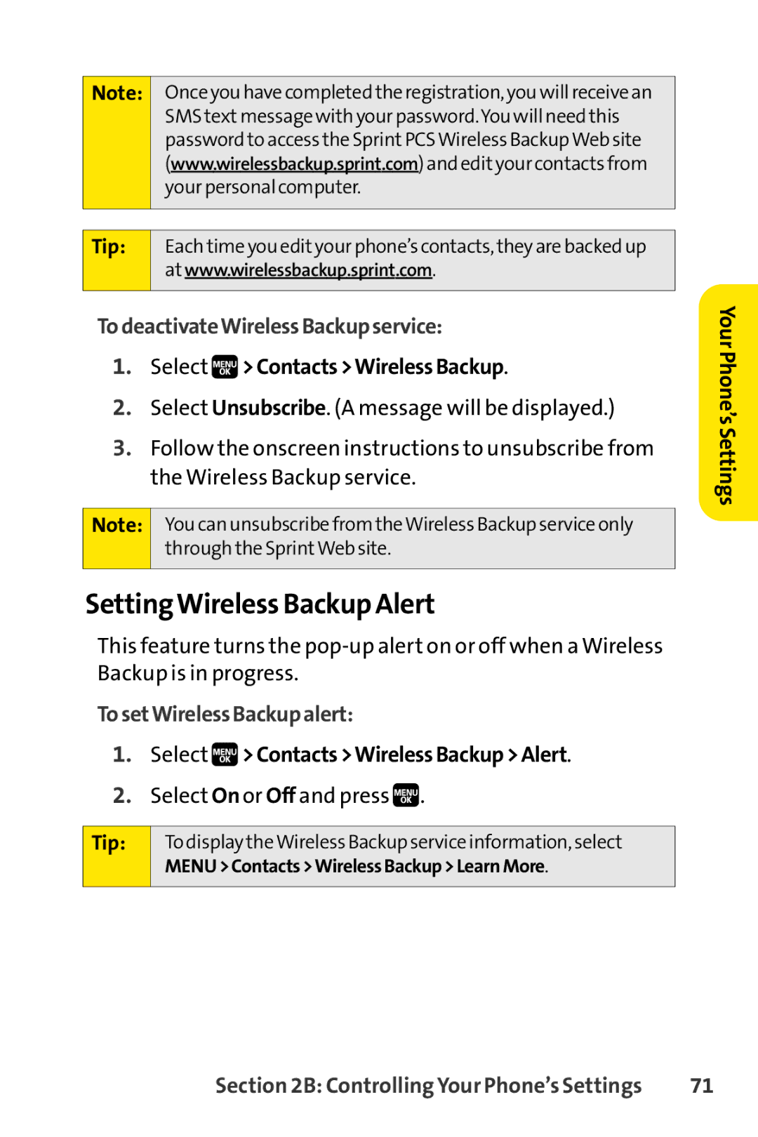 Spirit M1 manual SettingWireless Backup Alert, TodeactivateWirelessBackupservice, TosetWirelessBackupalert 