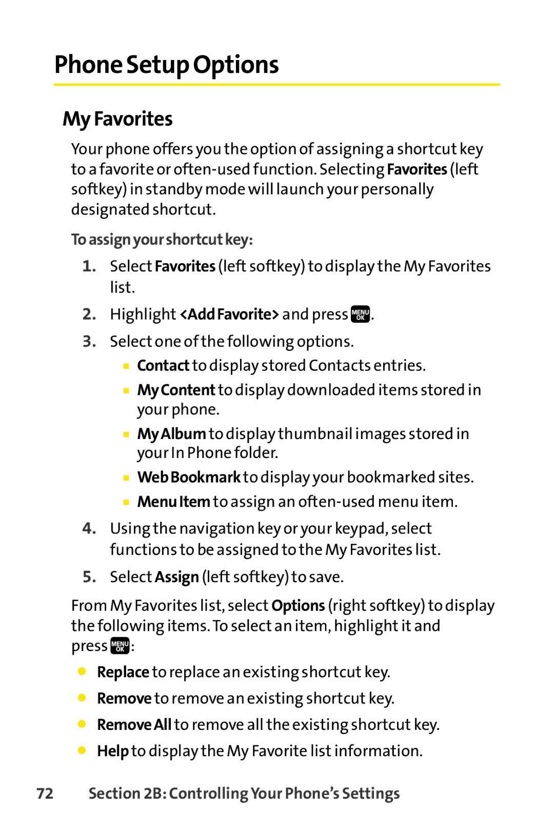 Spirit M1 manual Phone Setup Options, My Favorites, Toassignyourshortcutkey 