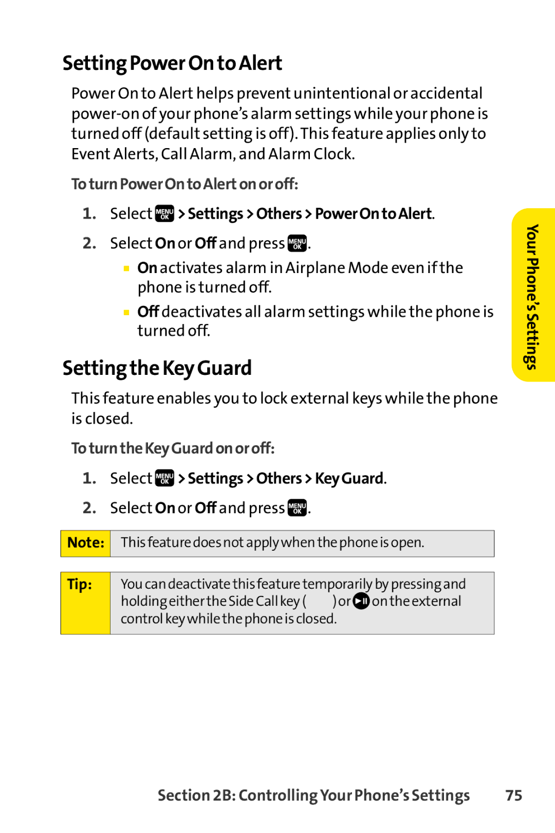 Spirit M1 manual Setting Power On to Alert, Setting the Key Guard, To turn Power On to Alerton or off 