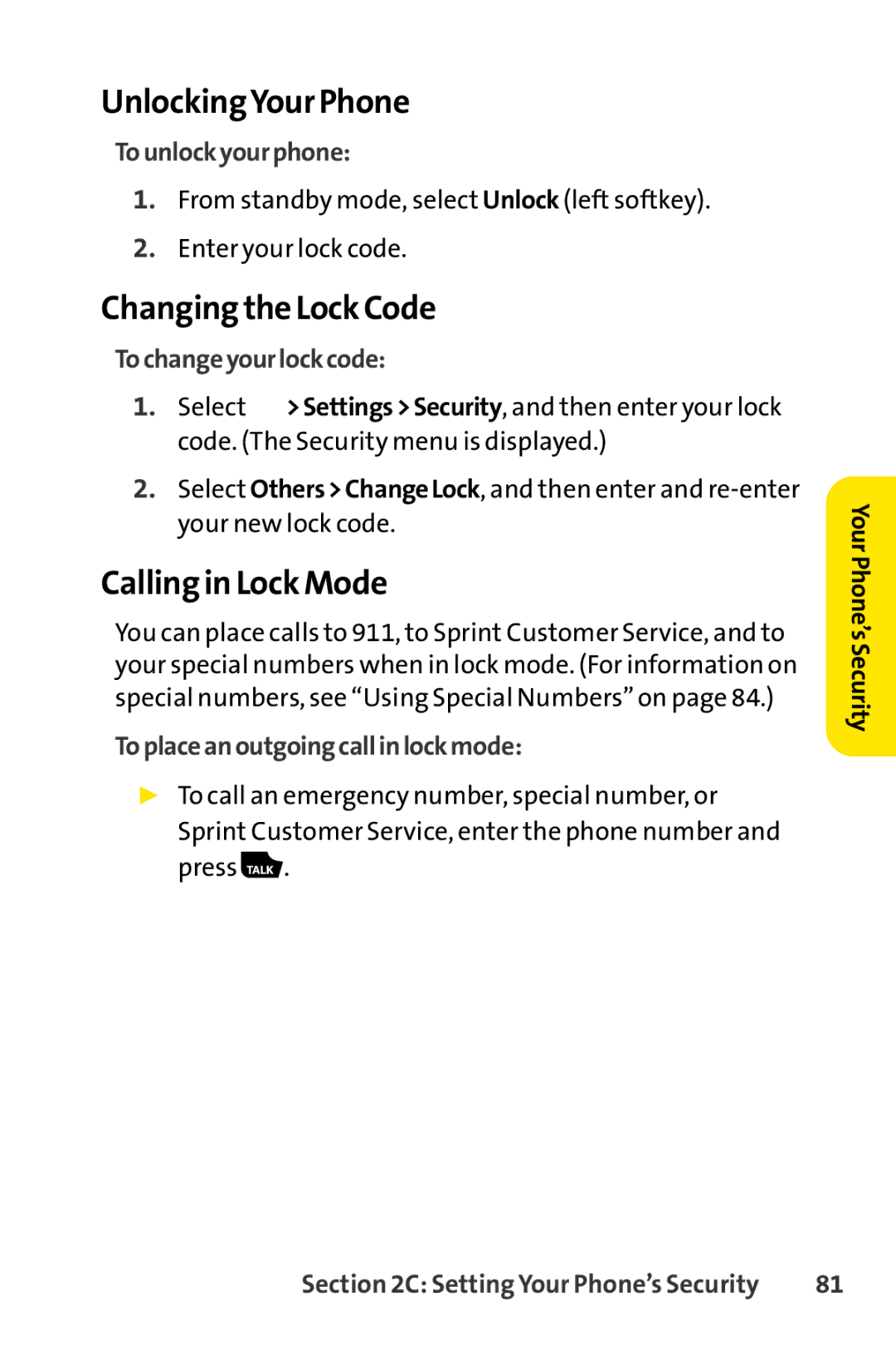 Spirit M1 manual UnlockingYour Phone, Changingthe Lock Code, Calling in Lock Mode 