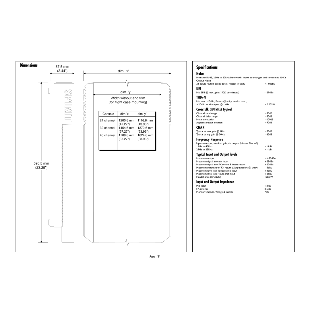 Spirit Monitor2 manual Dimensions, Specifications, Ein, Thd+N, Cmrr 