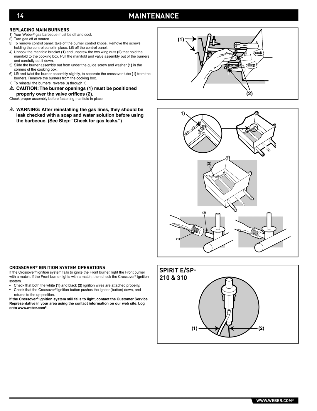 Spirit SP-210/310, E-210/310 manual 14MAINTENANCE, Replacing Main Burners, Crossover Ignition System Operations 