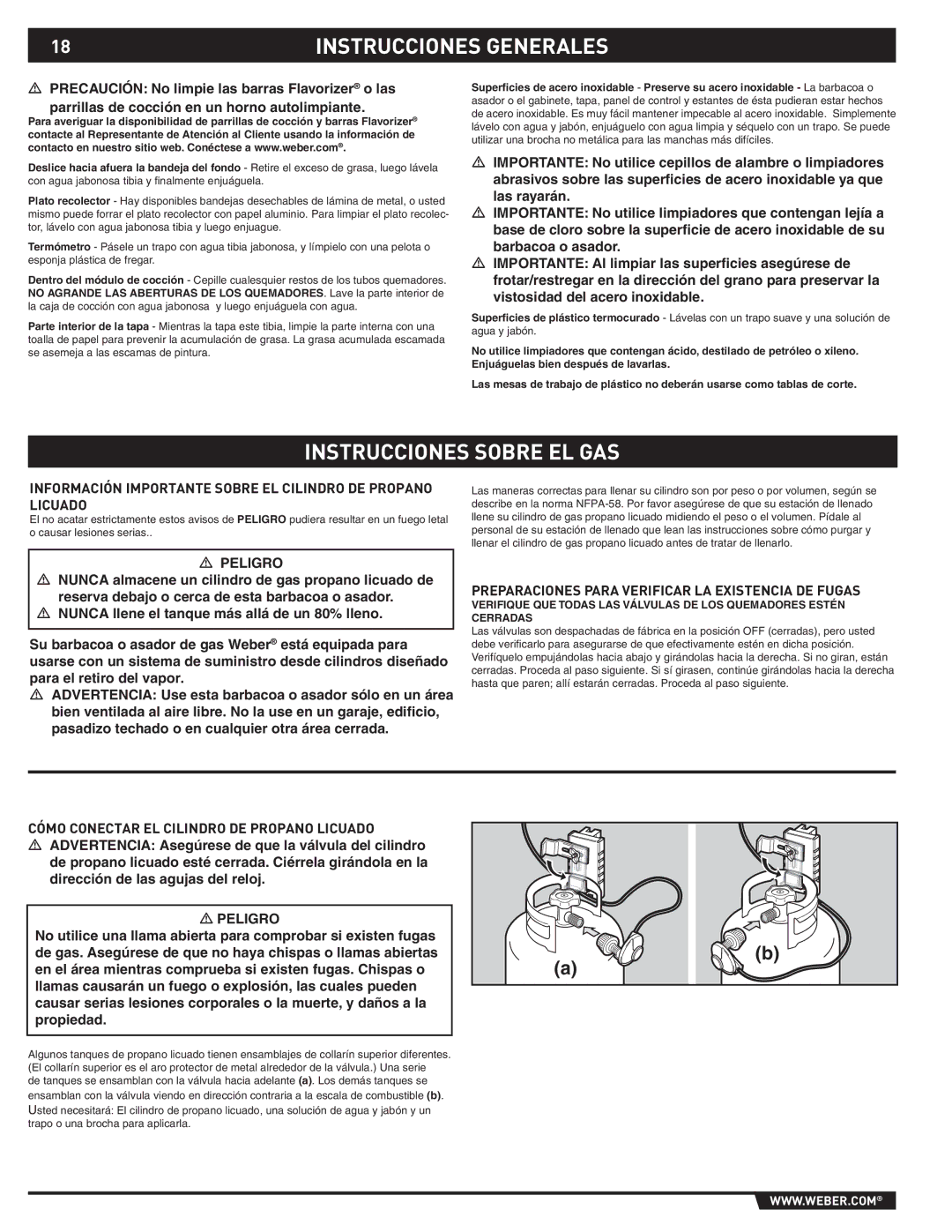 Spirit SP-210/310, E-210/310 manual Instrucciones Sobre EL GAS, Información Importante Sobre EL Cilindro DE Propano Licuado 