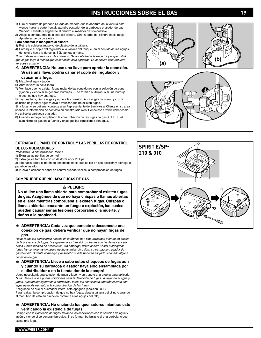 Spirit E-210/310, SP-210/310 manual Compruebe QUE no Haya Fugas DE GAS, Para conectar la manguera al cilindro 