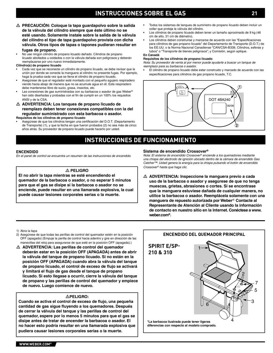 Spirit E-210/310, SP-210/310 manual Instrucciones DE Funcionamiento, Encendido, Cilindros de propano licuado 