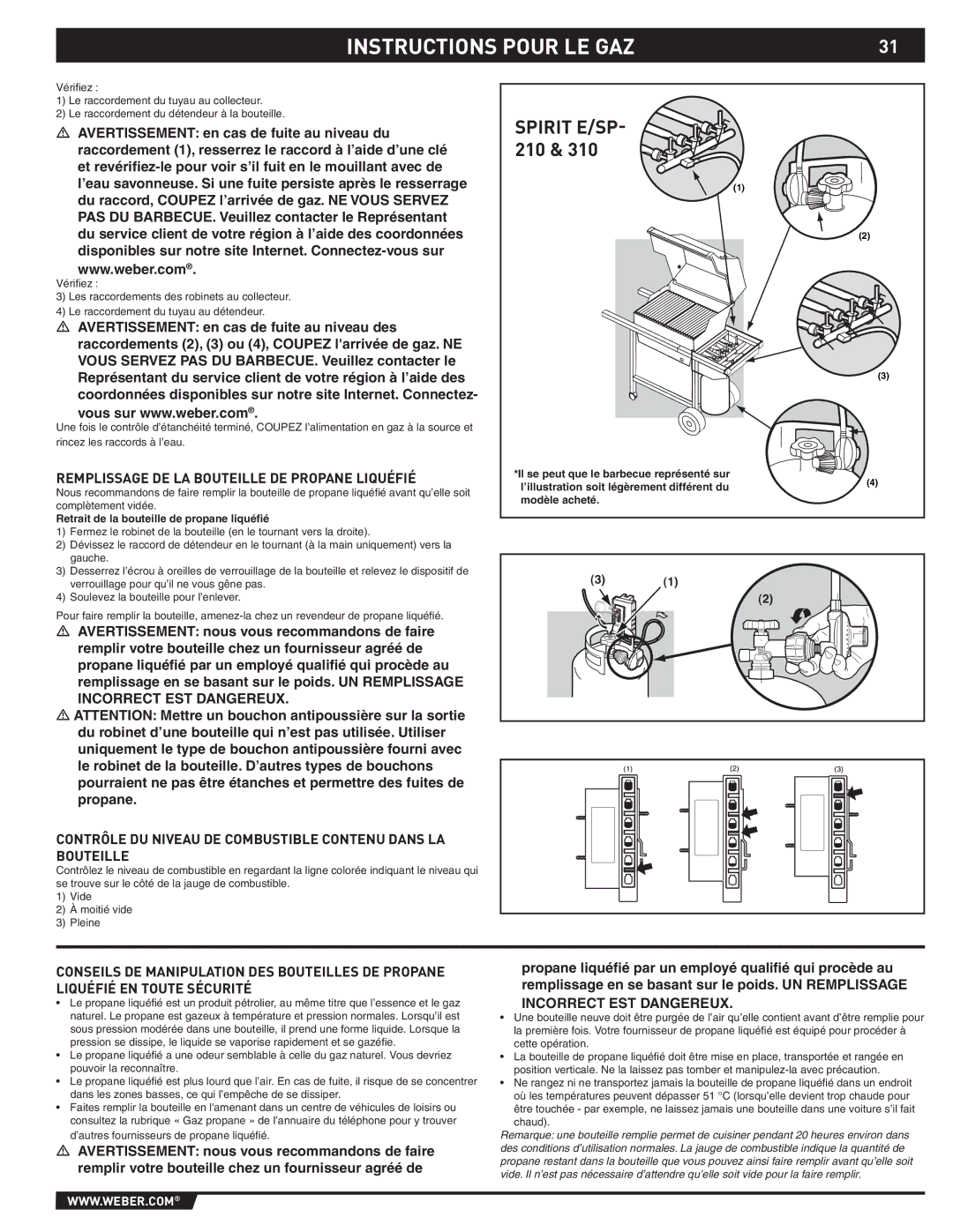 Spirit E-210/310, SP-210/310 Remplissage DE LA Bouteille DE Propane Liquéfié, Retrait de la bouteille de propane liquéﬁé 