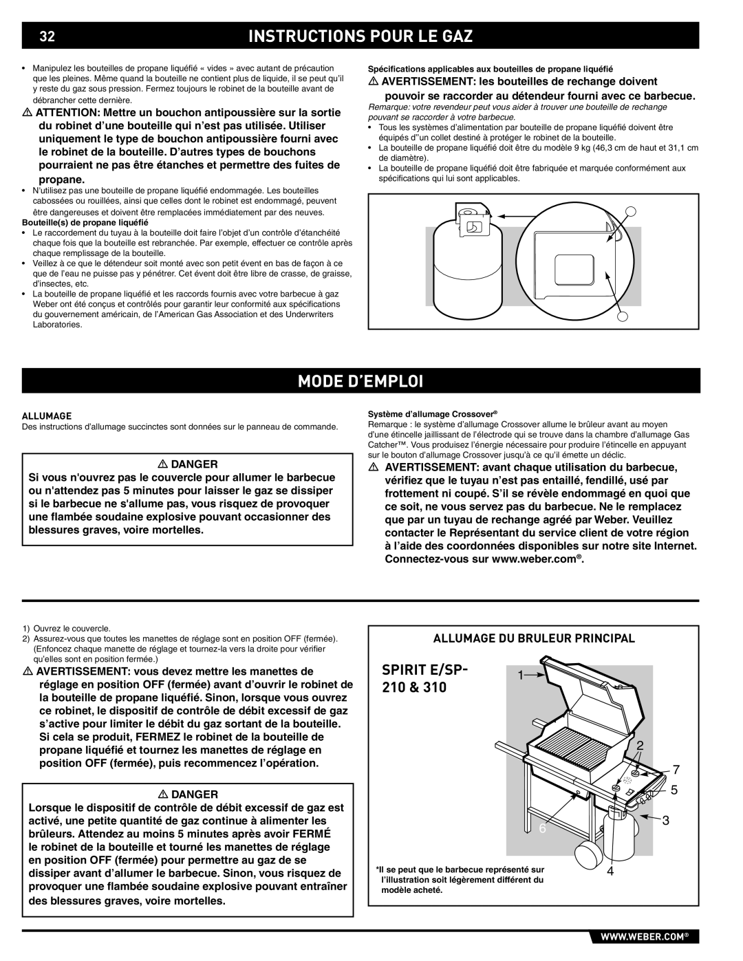 Spirit SP-210/310, E-210/310 manual Mode D’EMPLOI, Bouteilles de propane liquéﬁé, Système d’allumage Crossover 