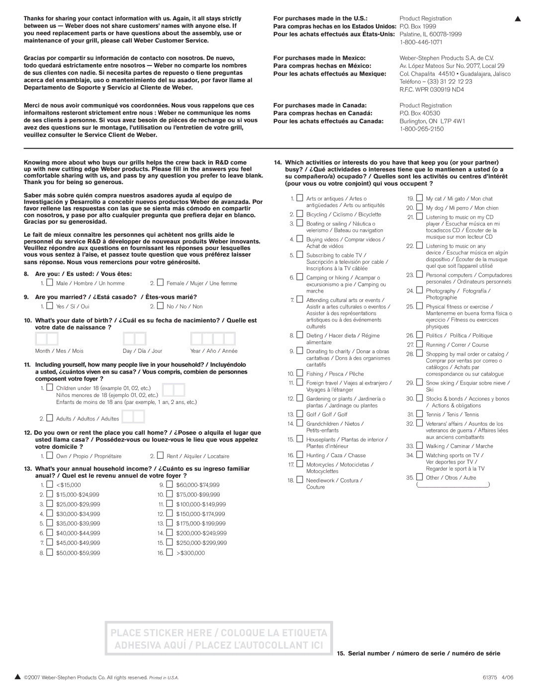 Spirit SP-210/310, E-210/310 manual For purchases made in the U.S 