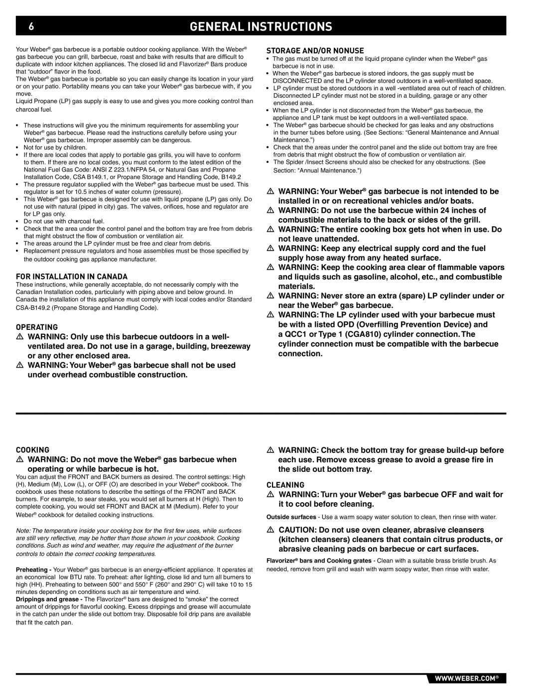 Spirit SP-210/310 General Instructions, For Installation in Canada, Operating Storage AND/OR Nonuse, Cooking, Cleaning 