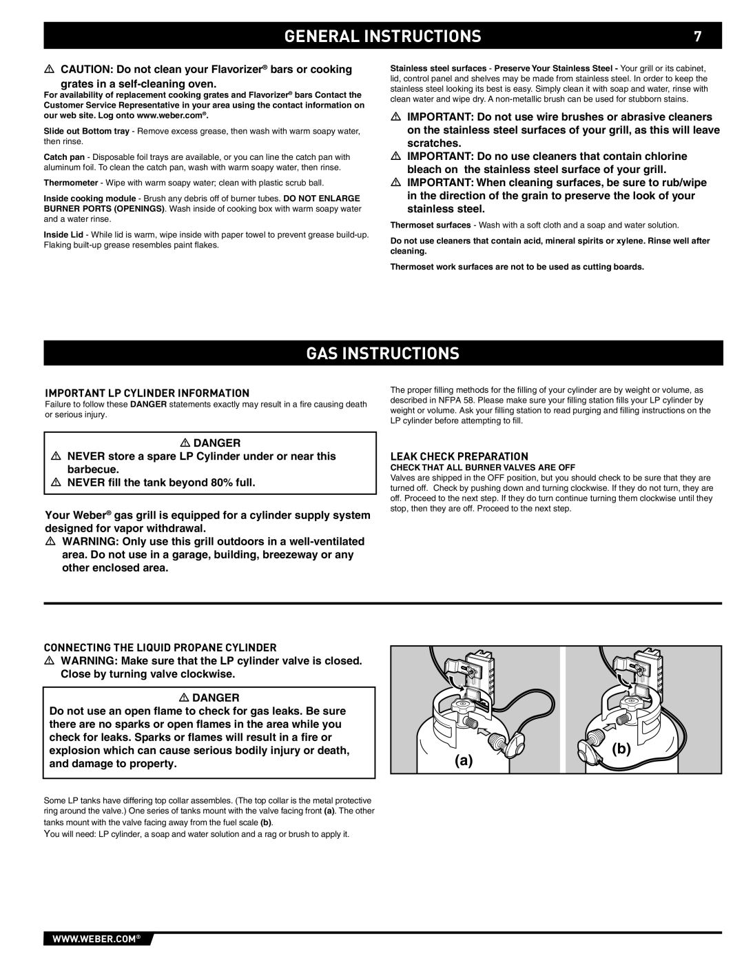 Spirit E-210/310, SP-210/310 manual GAS Instructions, Important LP Cylinder Information, Leak Check Preparation 