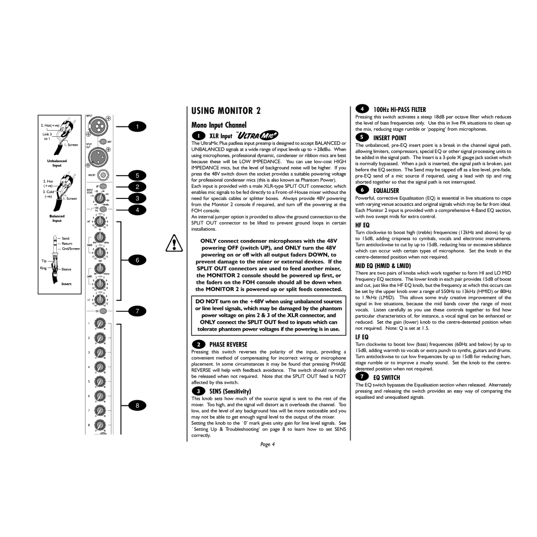 Spirit UltraMic Plus manual Using Monitor, Mono Input Channel 