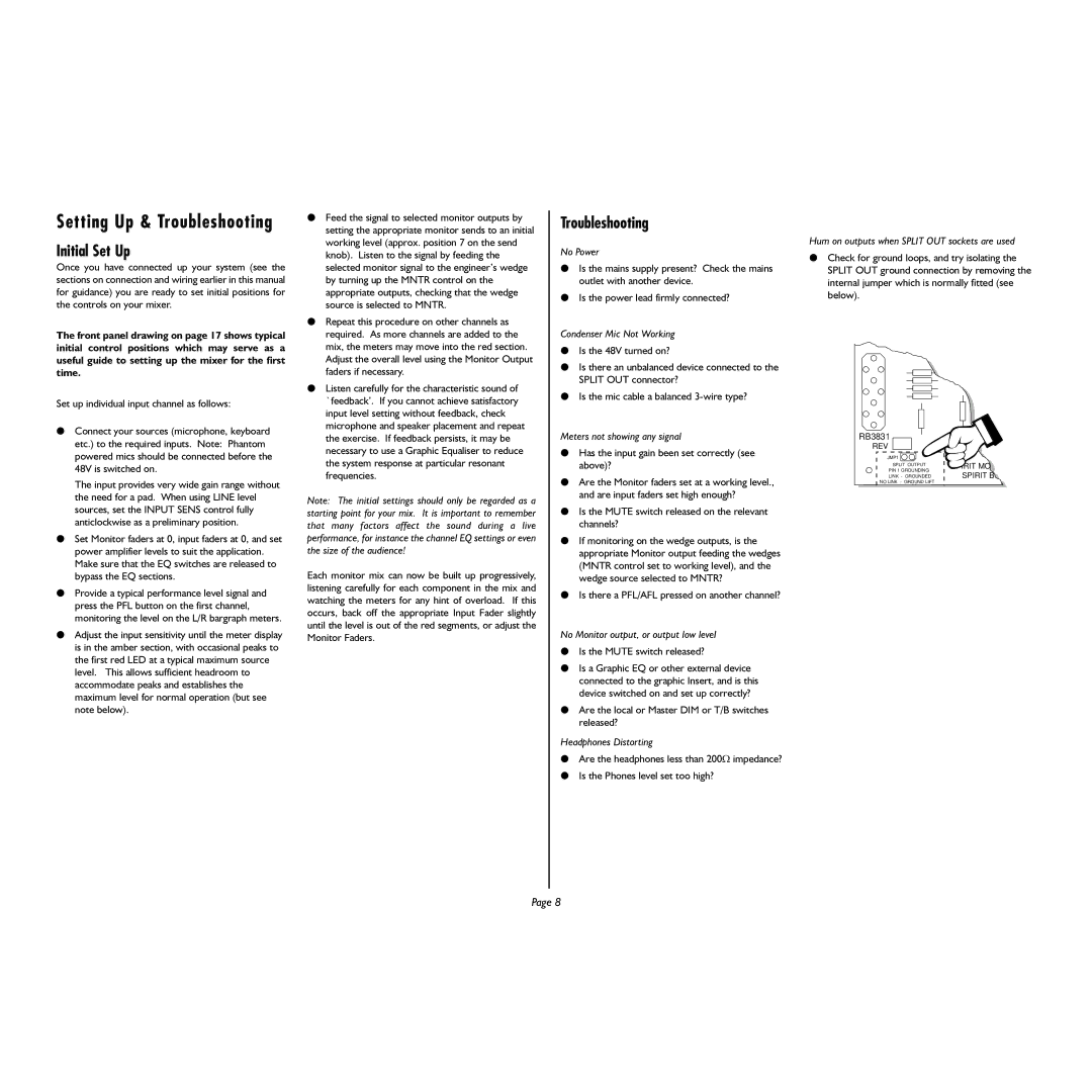 Spirit UltraMic Plus manual Initial Set Up, Troubleshooting 