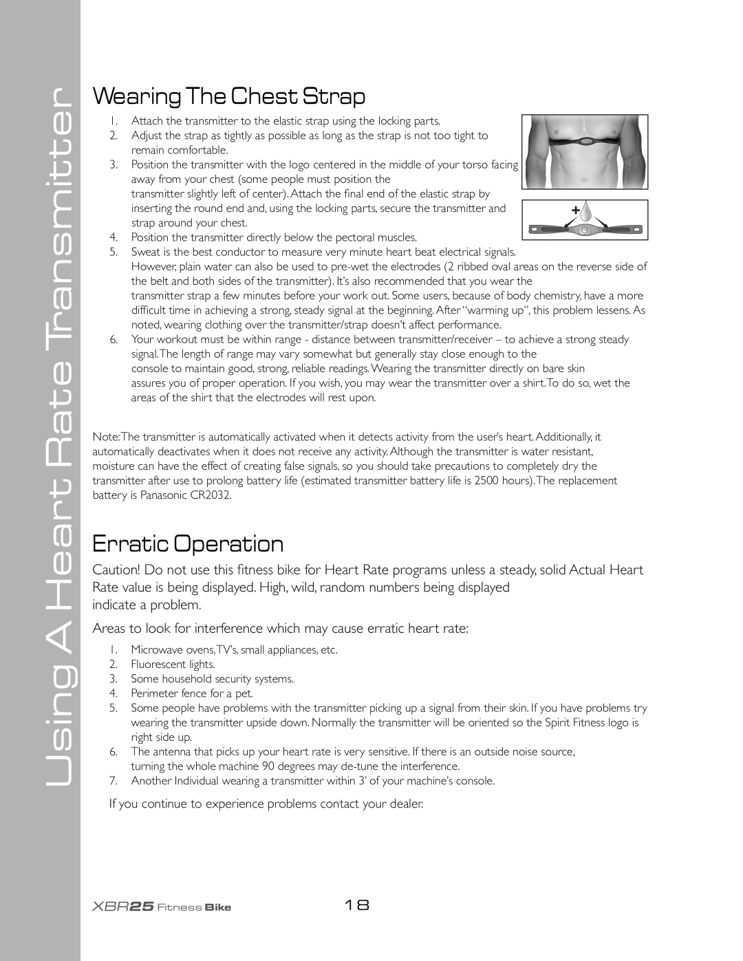 Spirit XBR25 owner manual Using a Heart Rate Transmitter, Wearing The Chest Strap, Erratic Operation 