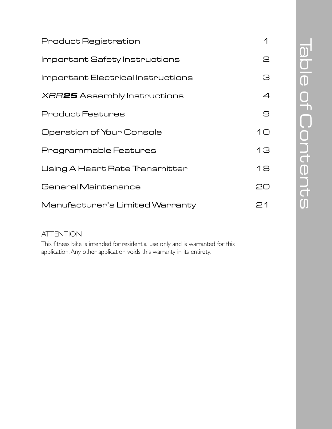 Spirit XBR25 owner manual Table of Contents 