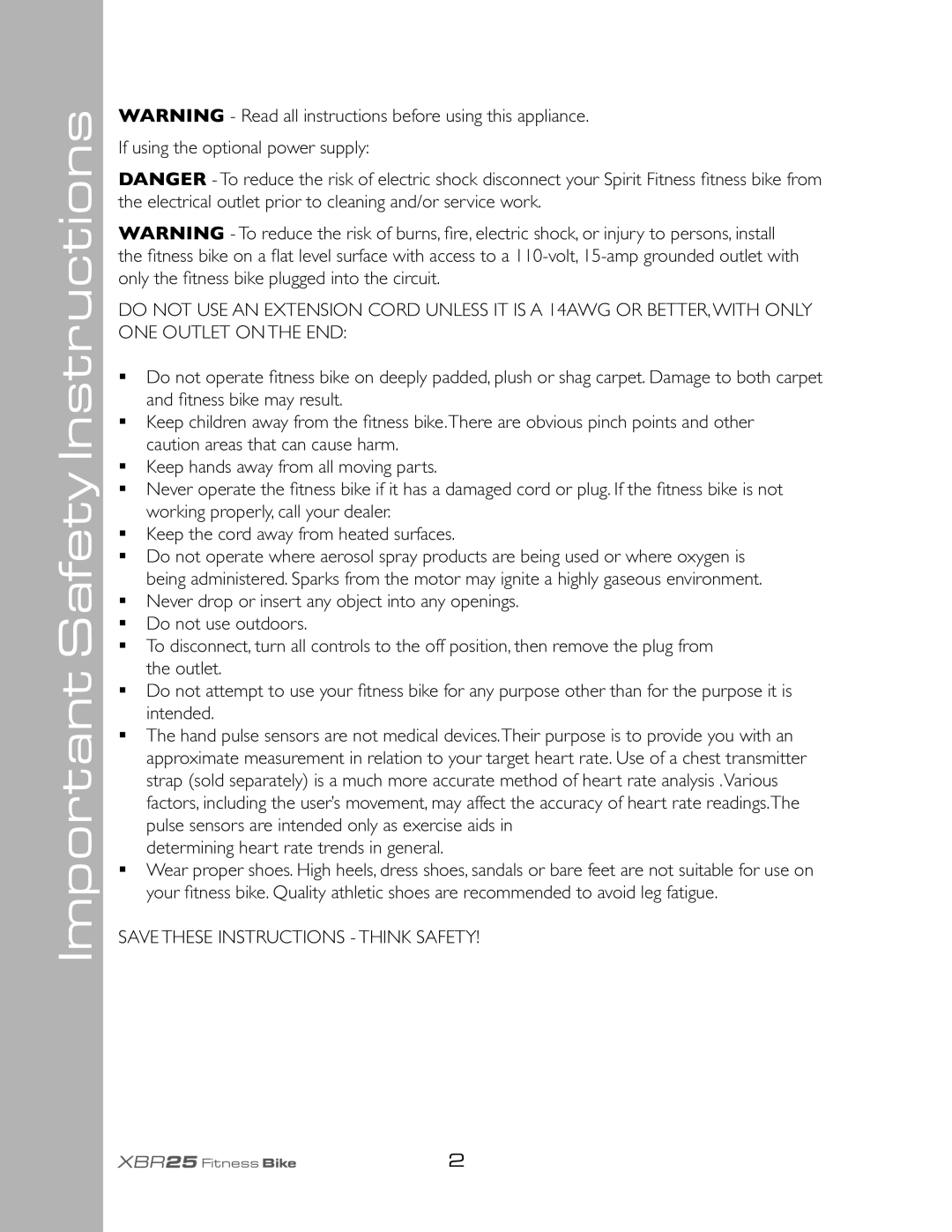 Spirit XBR25 owner manual Important Safety Instructions, Determining heart rate trends in general 