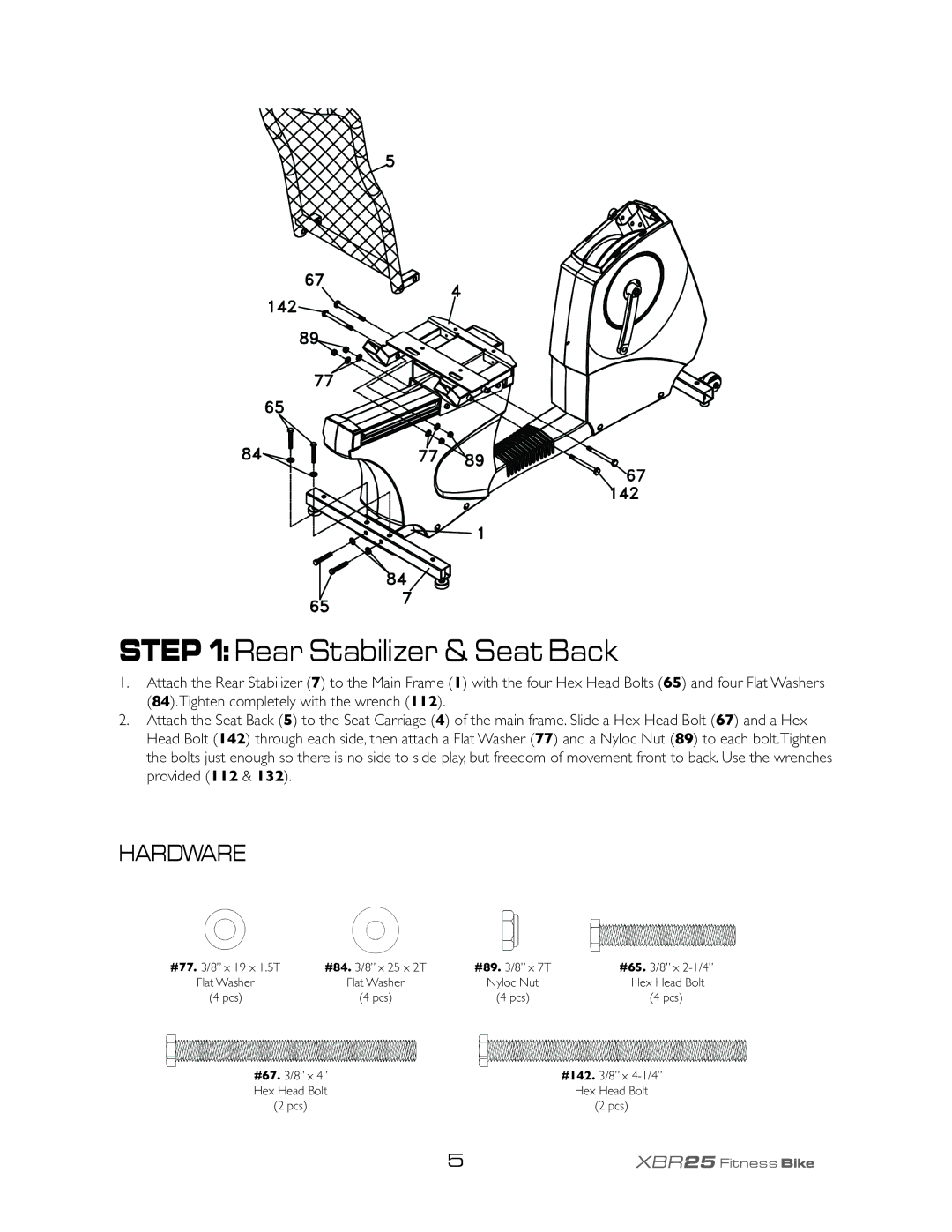 Spirit XBR25 owner manual Rear Stabilizer & Seat Back, Hardware 