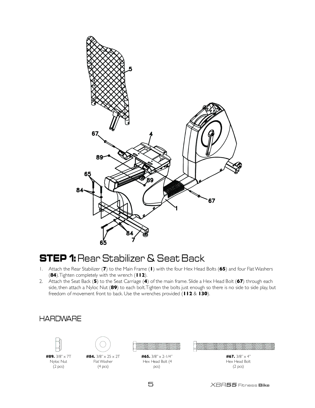 Spirit XBR55 owner manual Rear Stabilizer & Seat Back, Hardware 