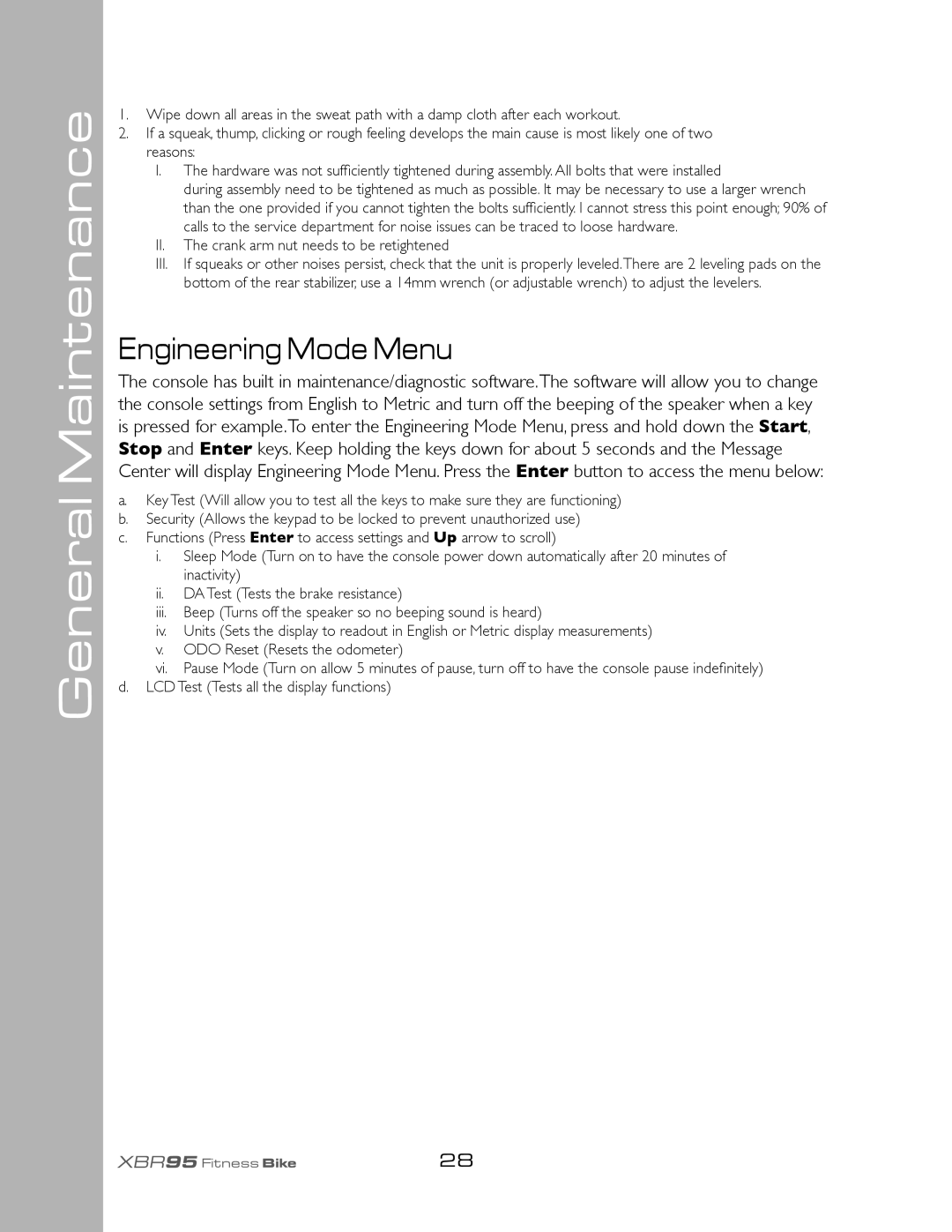 Spirit XBR95 owner manual General Maintenance, Engineering Mode Menu 