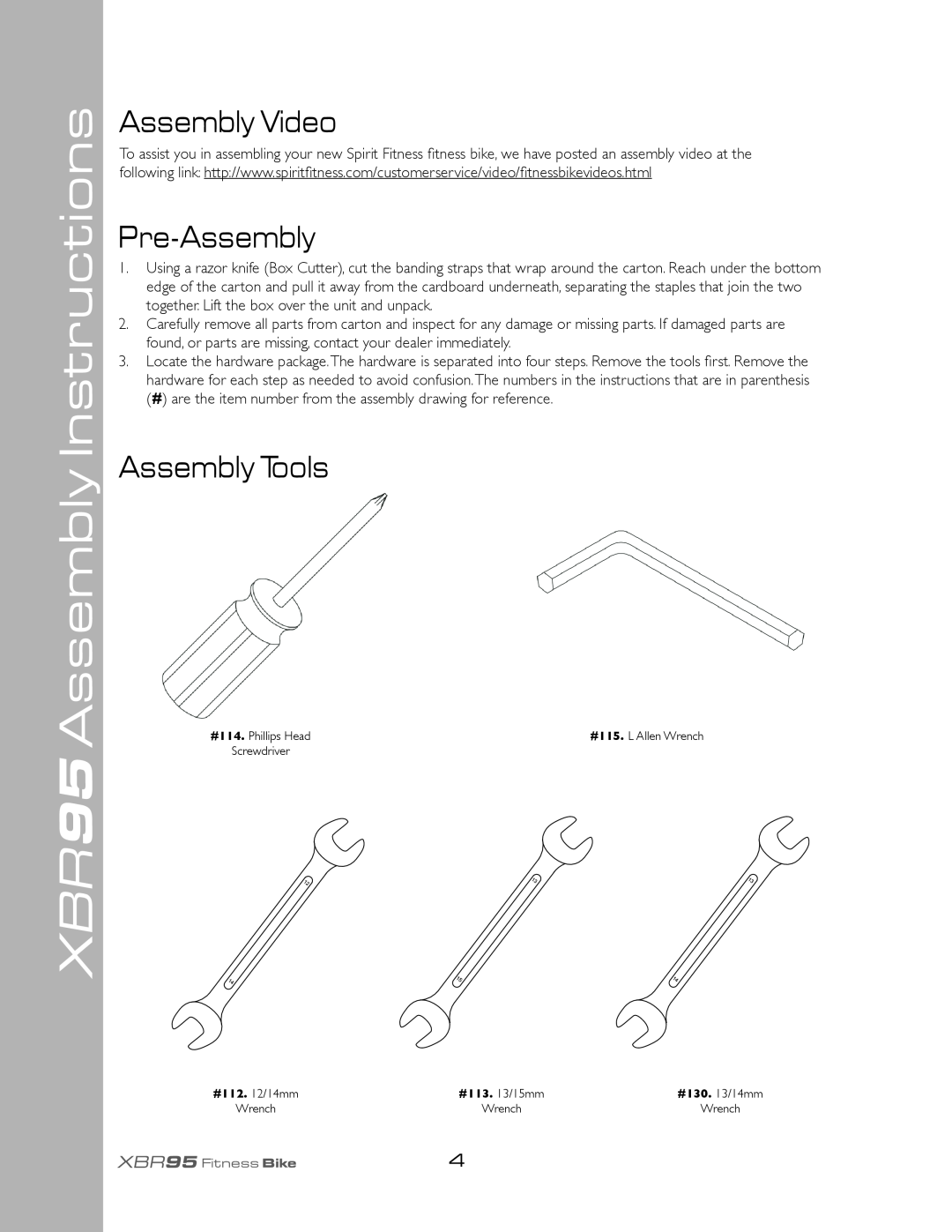 Spirit owner manual XBR95 Assembly Instructions, Assembly Video, Pre-Assembly, Assembly Tools 