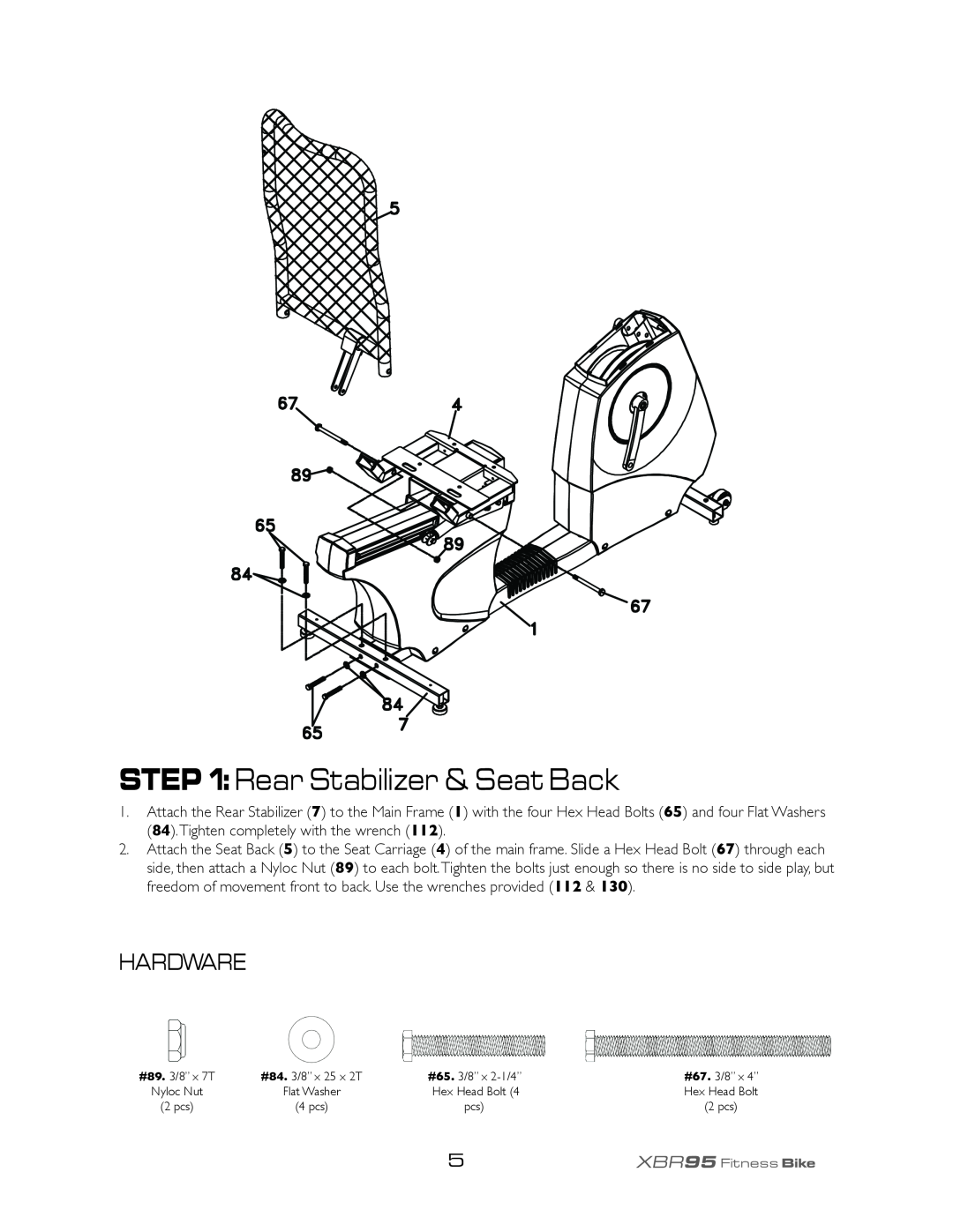 Spirit XBR95 owner manual Rear Stabilizer & Seat Back, Hardware 